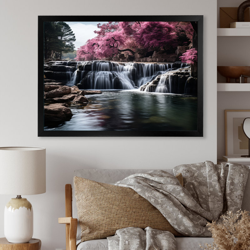 «Brhianna Pink Grey Waterfall Mute Splendor», reproduction sur toile, H 16 po x l 32 po x P 1 po, Cadre noir