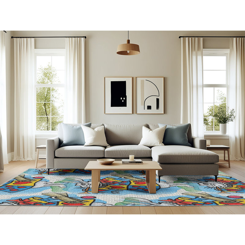 Tapis bleu/rouge à motifs, Rectangle 6 pi x 9 pi