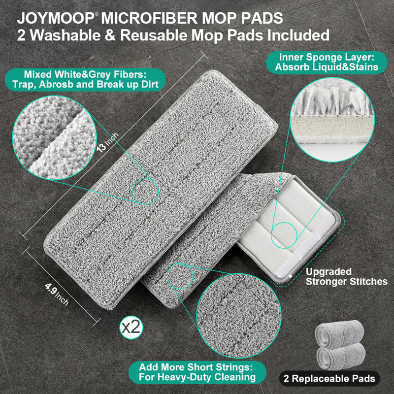 JOYMOOP Flat Squeeze Mop and Bucket Set, with 50" Mop Handle and 2 Grey Microfiber Pads