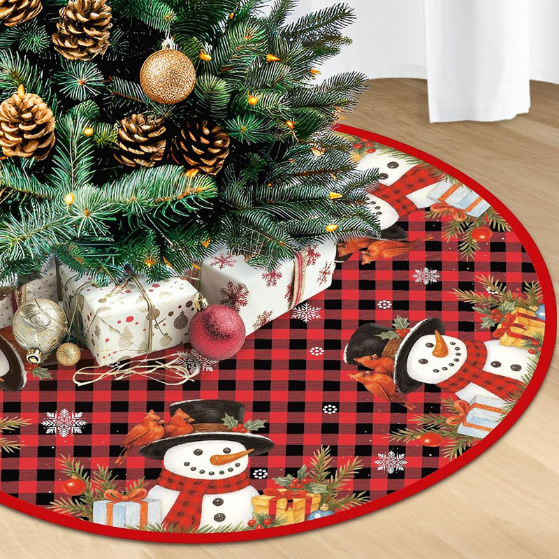Jupe de sapin de Noël bonhomme de neige rouge en peluche, décoration de ferme hivernale avec flocons de neige