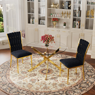 Glass Round Dining Table Set with Luxury Velvet Upholstered Dining Chairs by Mercer41