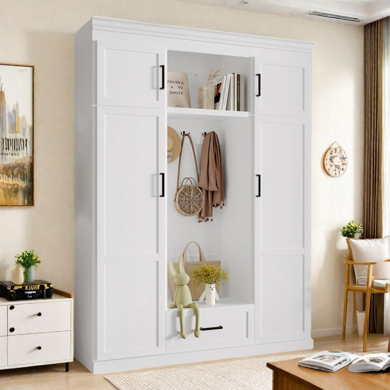 Modern Hall Tree With Bench And 3 Hooks, 4 Doors, 1 Drawer, Adjustable Shelves And Black Handles, White