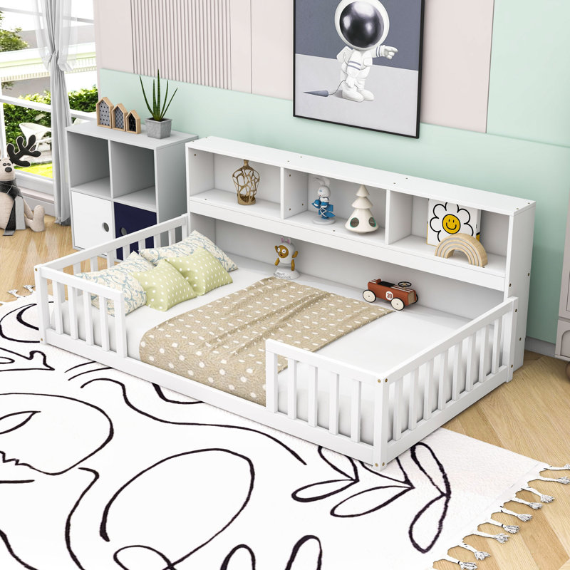 Wooden Floor Bed With Guardrails And Shelves, Twin, White