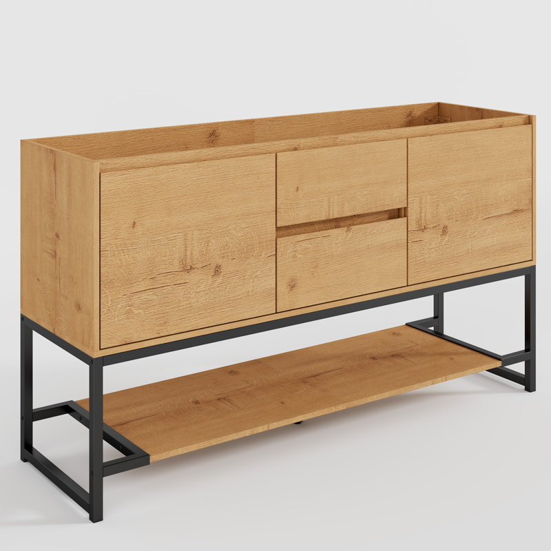 Base de meuble-lavabo double autoportant 60 po avec base en métal noir et tablette ouverte 60 po