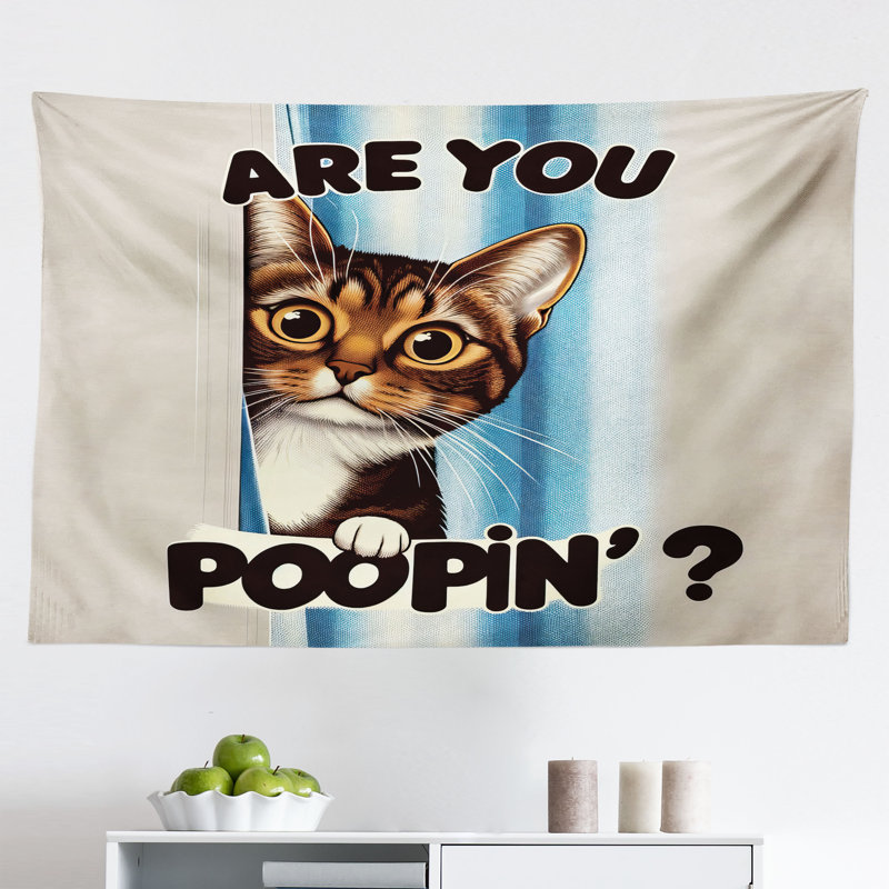 Winston Porter Cat Wall Hanging Tapestry Are You Poopin' Curious Kitty Blue Coconut Chocolate, H 30 po x l 45 po