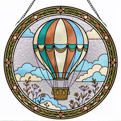 Hot Air Balloon Stained Glass Window Panel，12"H