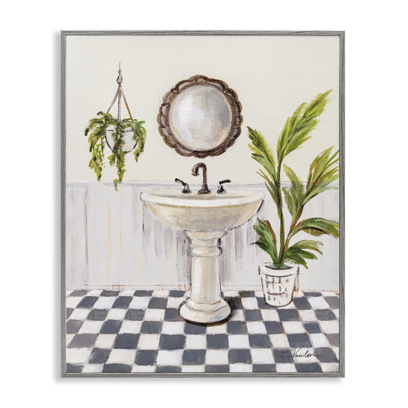 «Crisp Bathroom with Plants», art de la giclée encadrée par Silvia Vassileva, H 14 po x l 11 po, Estampe numérique Farmhouse
