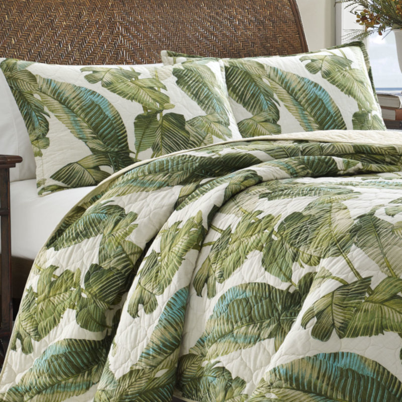 Tommy Bahama Fiesta Palms Green Cotton Reversible Quilt Set, King Quilt + 2 King Shams