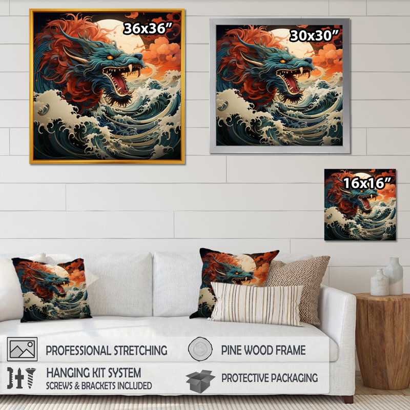Dragon japonais sur la vague au large de Kanagawa I - Dragons, art mural, Cadre flottant doré, H 36 po x l 36 po x P 1,5 po