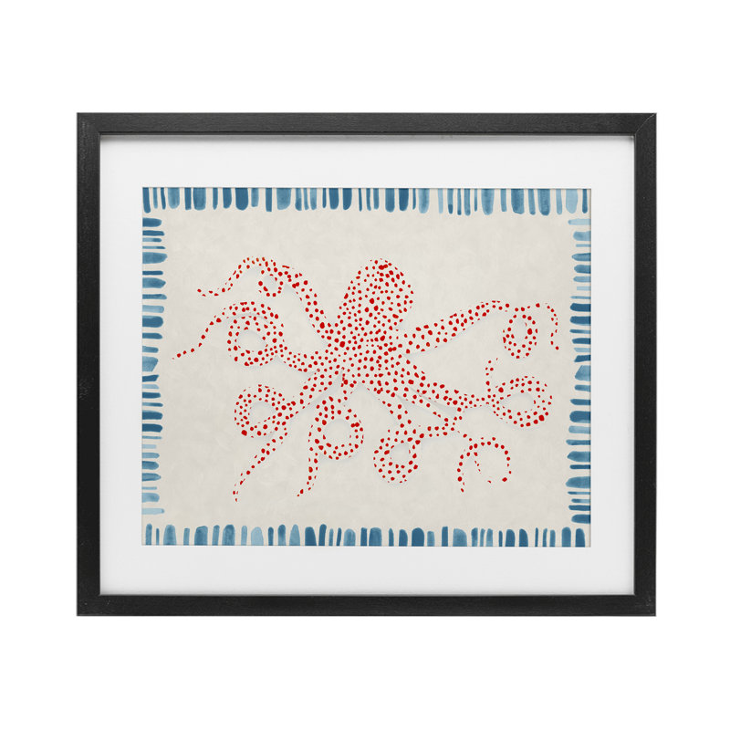 Pieuvre à pois pointillés, impression sous verre, design par Hannah Dawson, H 13 po x l 16 po, Cadre noir minuit