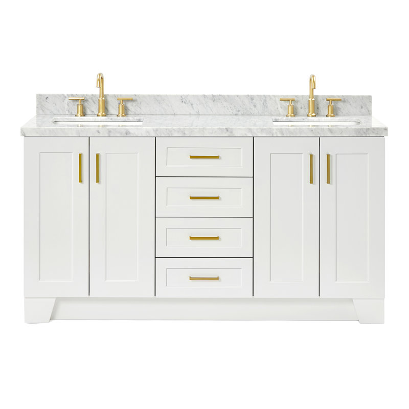 Meuble-lavabo simple en bois massif Freitas de 67 po avec plateau en marbre de Carrare blanc de 1,5 po et centre, Blanc