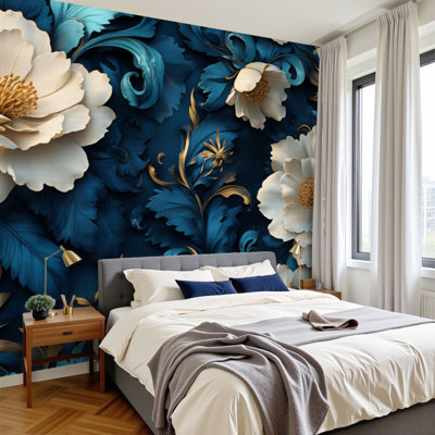 Papier peint auto-adhésif à motif floral élégant pivoines blanches à feuilles bleues de style baroque H 100 po x l 144 po Papier mural amovible en PVC auto-adhésif pour chambre à coucher, bureau à domicile