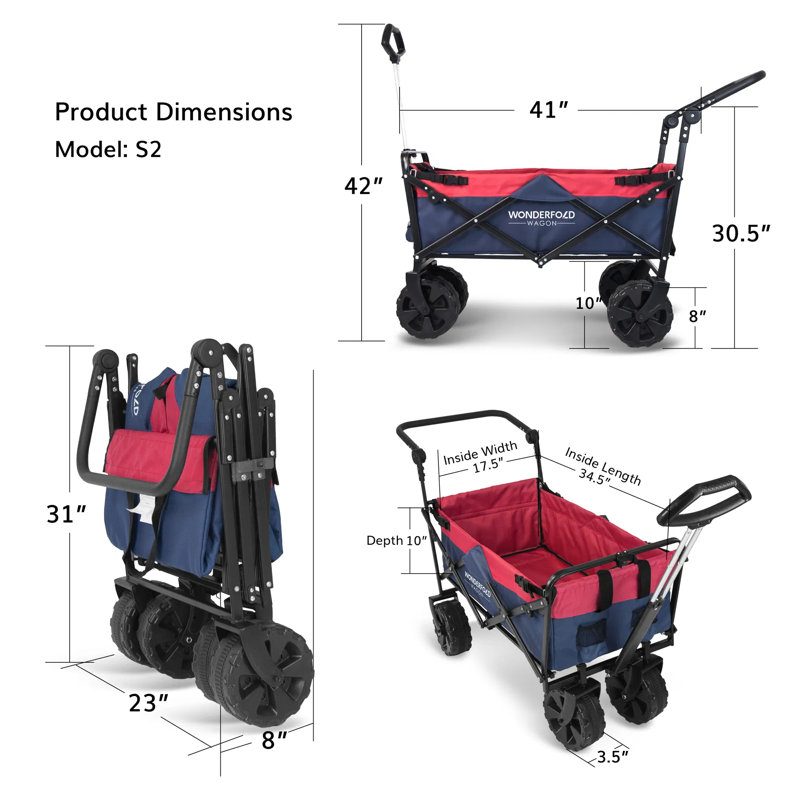 Chariot utilitaire pliable à tirer et à pousser Wonderfold avec pneu tout-terrain, Rouge / bleu foncé