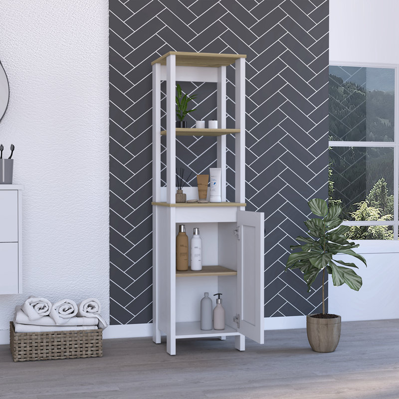 Armoire à linge pour salle de bain à 4 tablettes, gris clair / blanc, Blanc