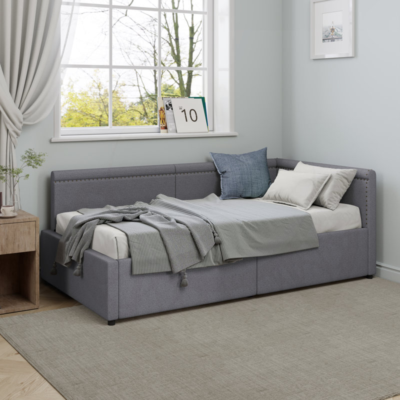 Lit de coin en L de style moderne avec lit simple en lin et deux tiroirs de rangement, Gris