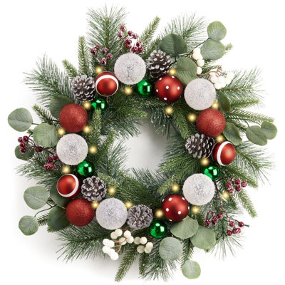  Couronne de Noël pré-éclairée pour porte d'entrée avec lumières, grande couronne de Noël de 20 pouces avec boules de Noël rouges, vertes et blanches pour décoration de centre de table de fenêtre d'extérieur
