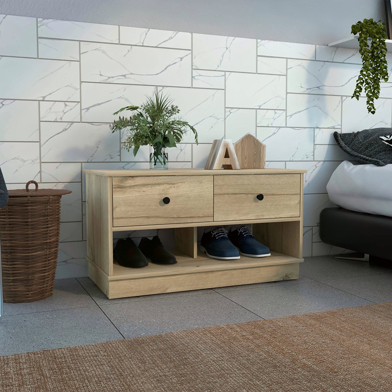 Banc de rangement Hamilton, deux tablettes ouvertes, deux tiroirs - chêne clair