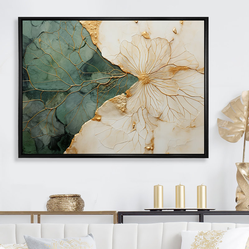 «Green Gold Minimalisme Poteries I», art mural spirales abstraites, H 16 po x l 32 po, Reproduction avec cadre flottant, Noir