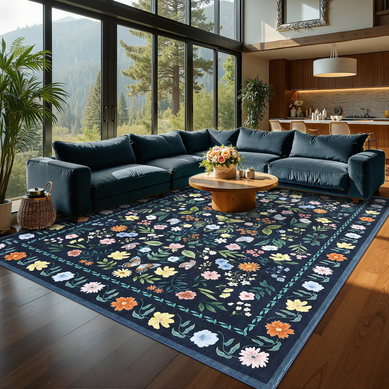 Washable Rugs for Living Room, Floral Animal Print Area Rug with Non Slip Backing, Low Pile & Stain Resistant Botanical Soft Accent Carpet for Dining Room, Under Table, Bedroom, Nursery