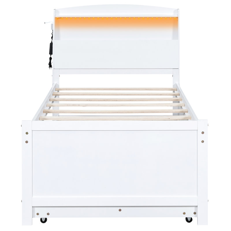 Lit plateforme simple avec lit gigogne, tête de lit à DEL et 3 tiroirs, blanc - bois pour rangement dans la chambre à coucher, tête de lit, tiroirs