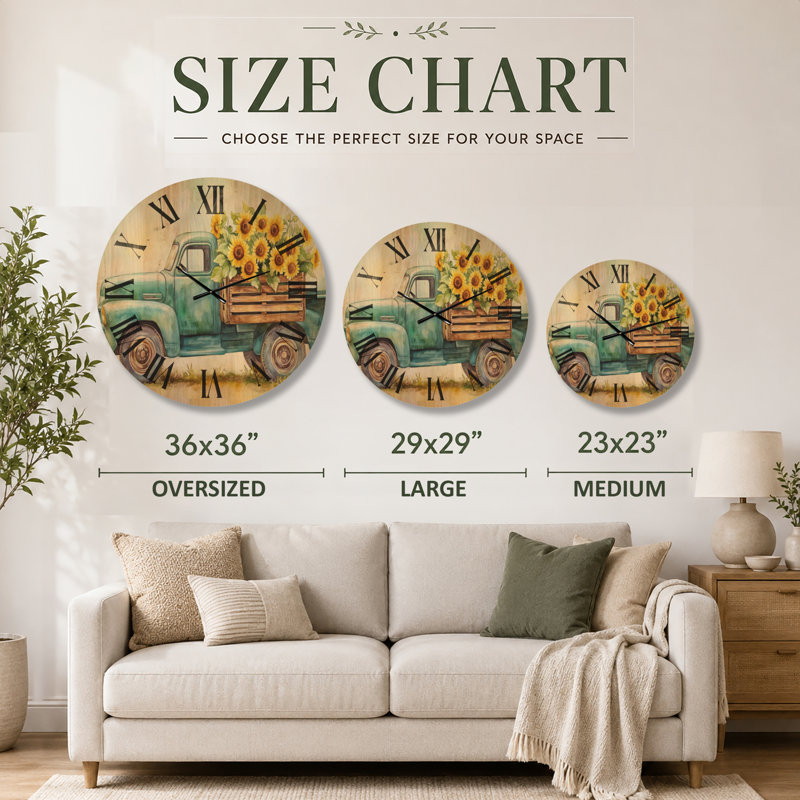 Horloge murale nature en bois - Camion rétro avec caisse de fleurs, Surdimensionné
