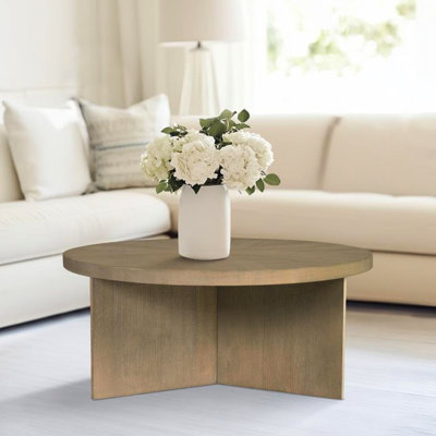 Table basse ronde avec fini grège récupéré et placage massif, 36 po de diamètre, 16,5 po de hauteur, facile à nettoyer, assemblage requis Placage décoratif grège, 36 po, h 16,5 po, nécessaire