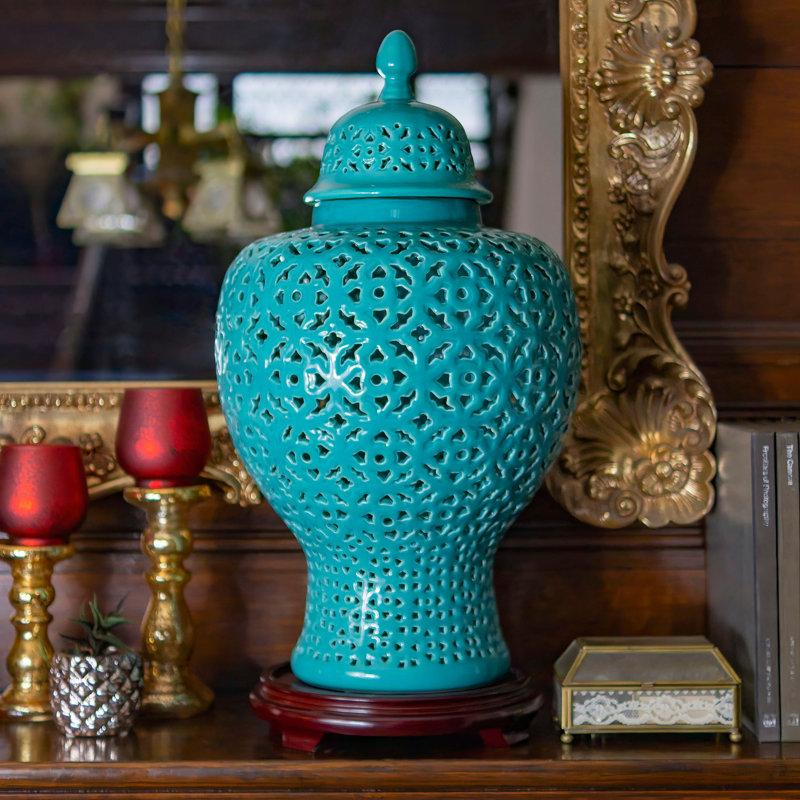 25" Carved Temple Jar - Celadon, Turquoise