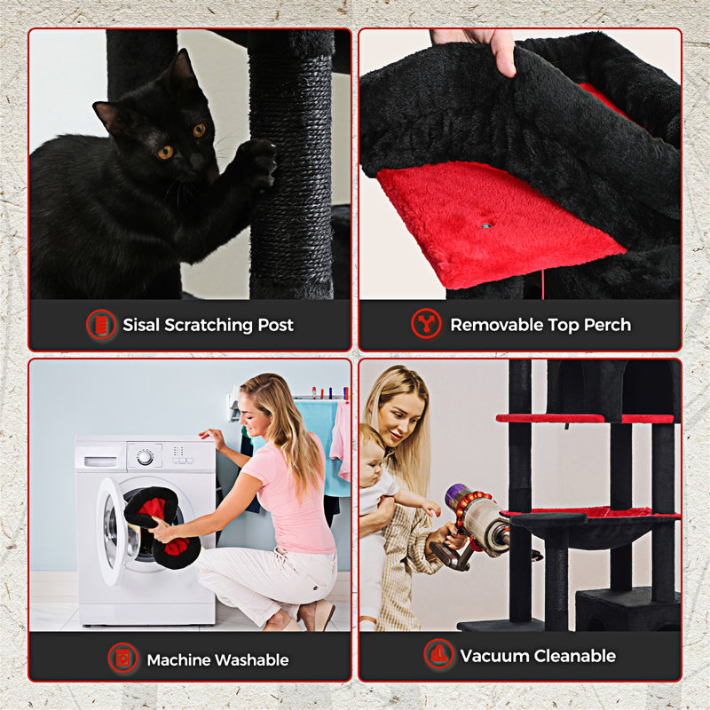 69" Black Sisal Cat Tree Tower with Hammock and Condos