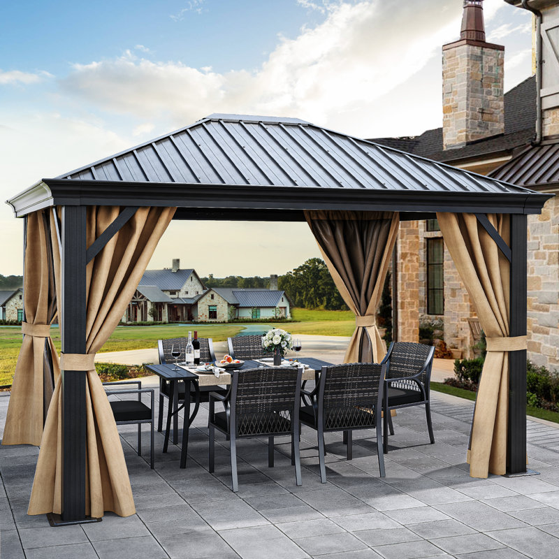 12 pi. L 10 pi. D Pavillon de jardin en aluminium avec rideaux bruns, 12 pi. L 10 pi. D