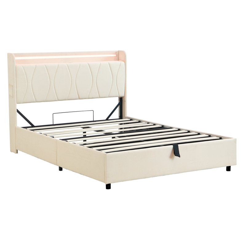 Upholstered Bed Frame With Hydraulic Storage, Beige, Double (4'6)