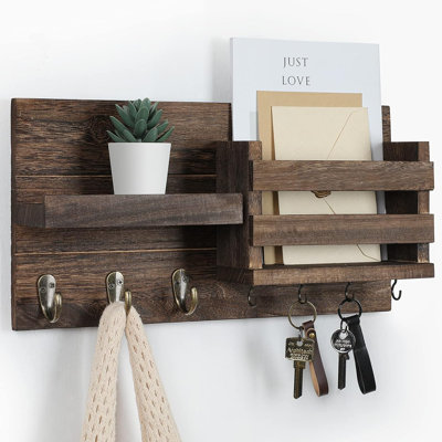Organisateur de courrier à fixer au mur - Porte-clés avec tablette incluant porte-lettres et crochets pour manteaux, laisses pour chiens - Bois rustique avec quincaillerie de fixation encastrée (16,5 po x 8,7 po x 3,5 po)