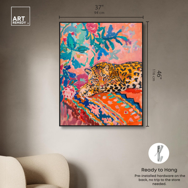 Jungle Cat in Color Canvas, art maximaliste par Art Remedy, H 46 po x l 37 po, Cadre flottant noir