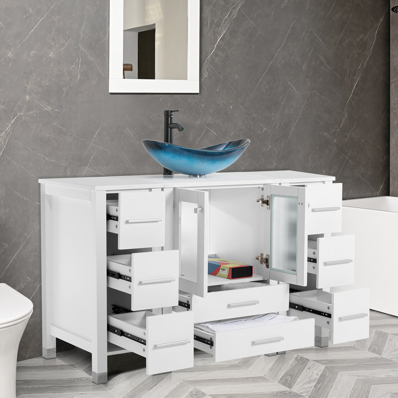 Meuble-lavabo simple 48 po avec plateau Graycelyn, Bleu, Blanc