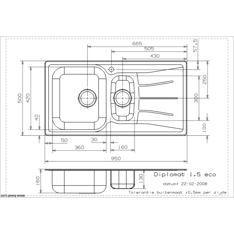95cm x 50cm 1.5 Bowl Kitchen Sink