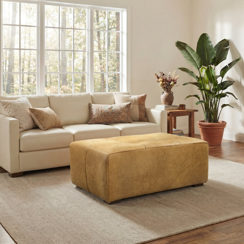 40.5" Wide Full-Grain Genuine Leather Standard Square Cocktail Ottoman, Light Brown