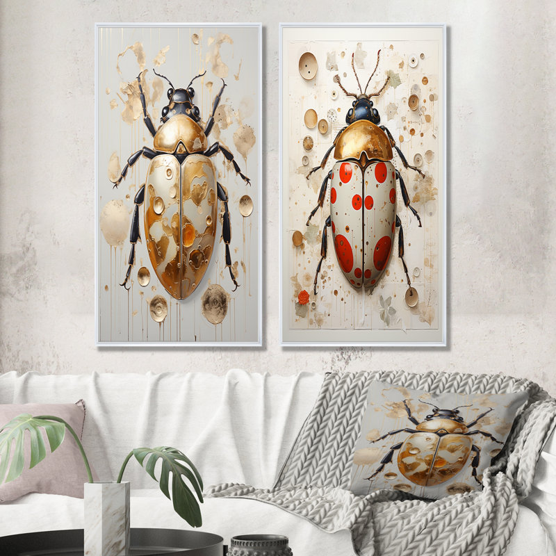Gold Vintage Minimalism Beetle - Insects & Bugs Canvas Wall Art Set Of 2, White Framed, 40" H x 41" W