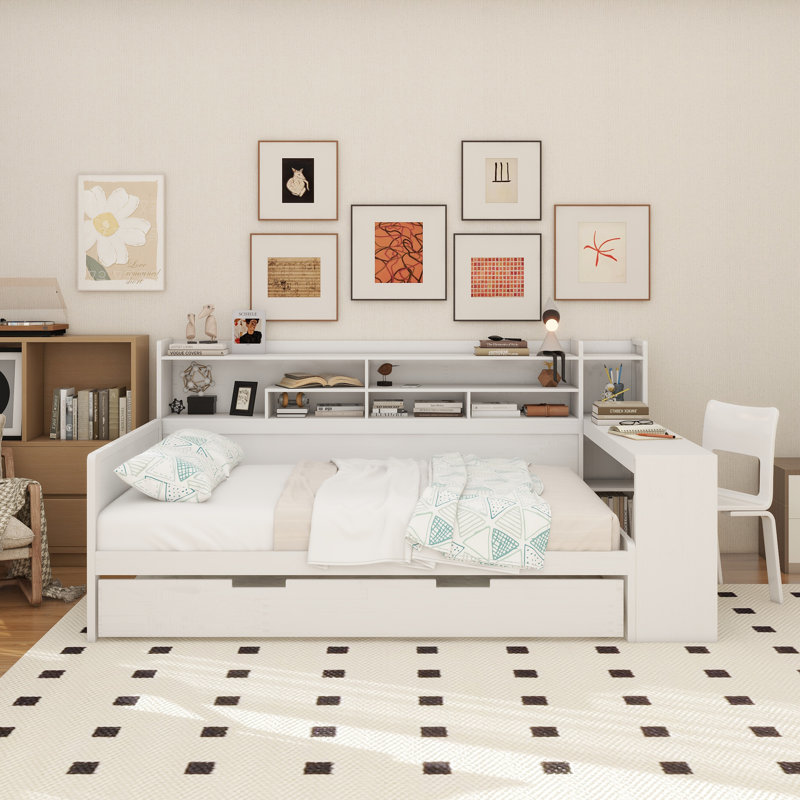Wooden Daybed With Storage Shelves, Multi-Functional Bed With Trundle Bed And Study Desk, Full, Antique White