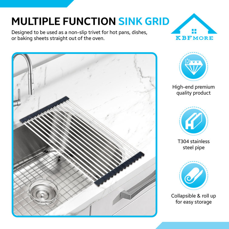 KBFmore 17 Inch Heatproof Stainless Steel Roll Up Dish Drying Rack,  Collapsible and Silicone Wrapped