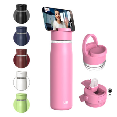 Bouteille à eau isotherme 24 oz en acier inoxydable à double paroi avec paille, tasse de cantine thermique de voyage 100% étanche avec 2 couvercles (paille, couvercle de support de téléphone)