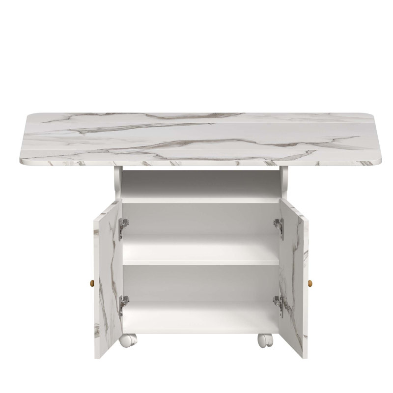 47" Wood Folding Dining Table with storage rack and cabinet, Removable Entryway Table with 6 Wheels, White Marble Color Kitchen Island, Side Table and Coffee Table Versatile Table Space Saving