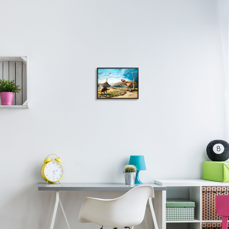 Paysage de dinosaures anciens par Bruce Nawrocke - Peinture, Giclée encadrée noir minuit, H 11 po x l 14 po x P 1,5 po