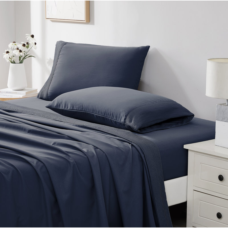 Vilano Springs Extra Deep Pocket Bed Sheet Set with Pleated Hem, Easy care, Pet Hair Resistant, Dark Blue
