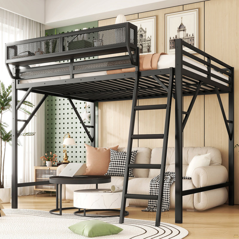 Lit mezzanine double avec échelle, lit mezzanine double en métal avec tablettes de rangement
