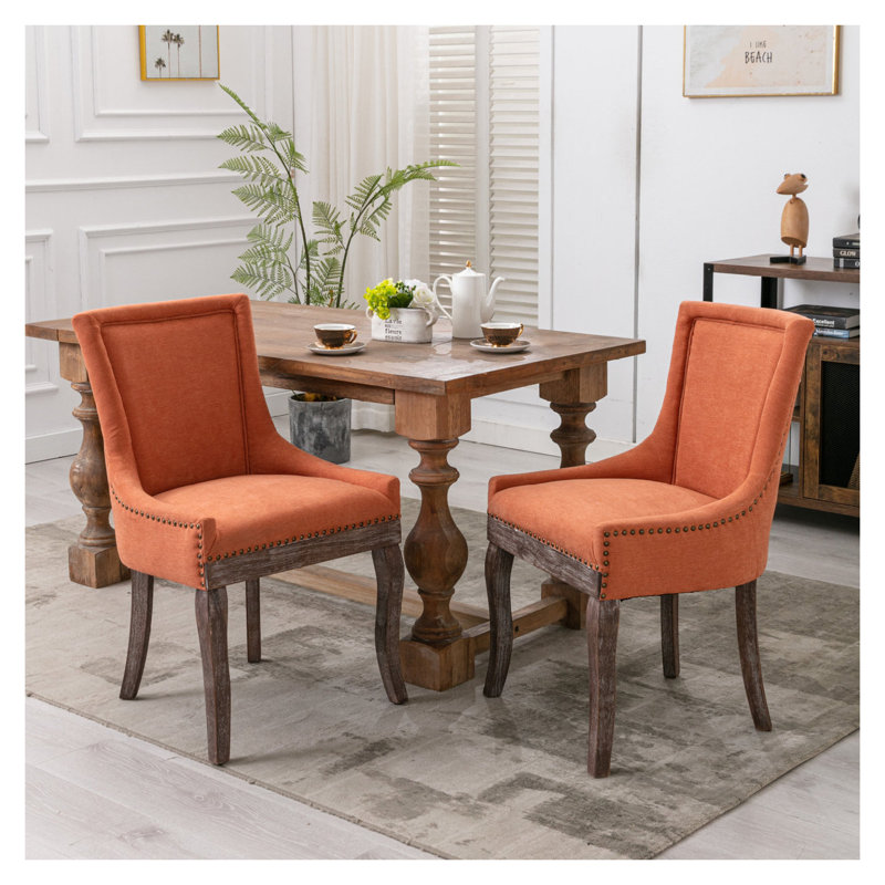 Side Dining Chair, Thickened Fabric Chairs With Neutrally Toned Solid Wood Legs, Bronze Nail Head, Set Of 2, Orange, Orange