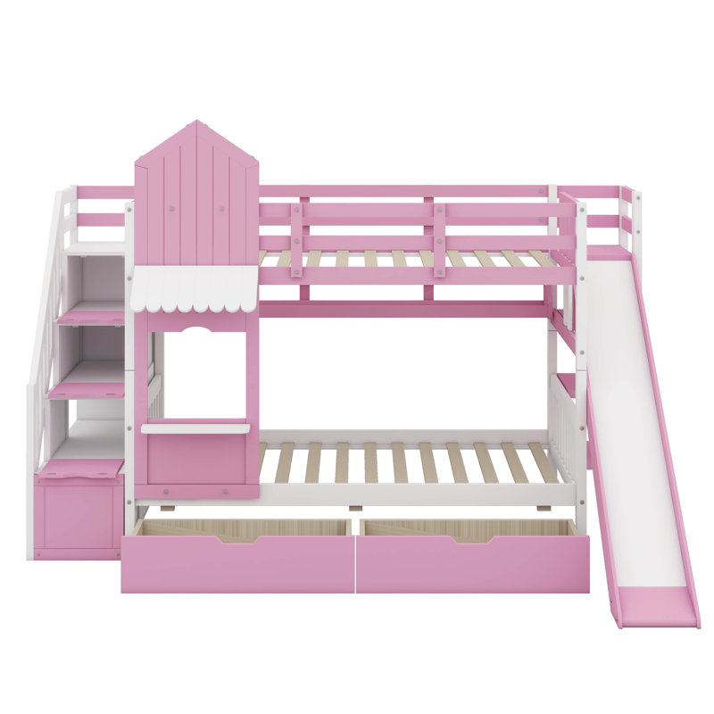 Lit superposé double sur le thème du château avec 2 tiroirs, 3 tablettes à niveaux et glissade amusante, Rose