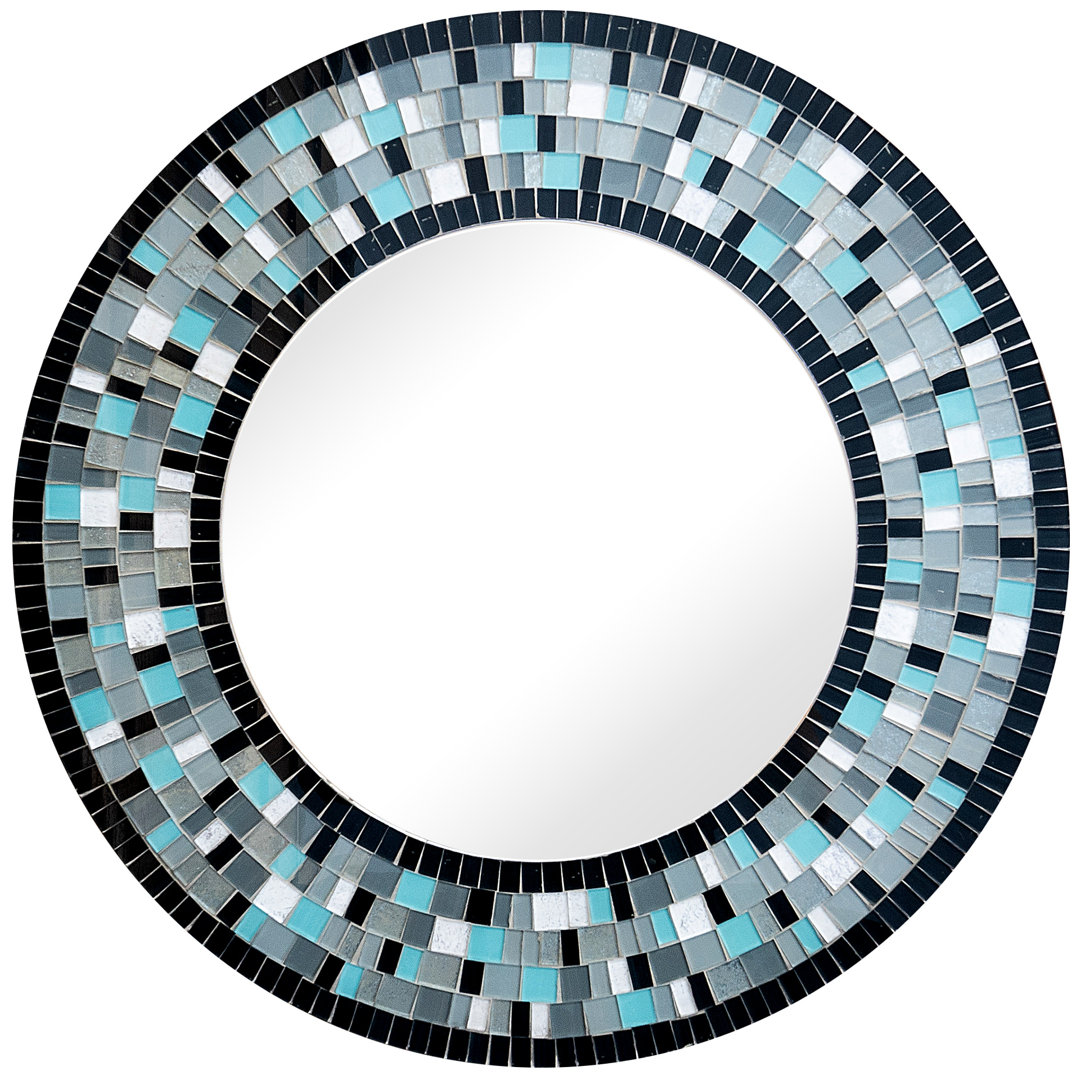 Onarga Mosaic Mirror, Wall Art Décor – Handcrafted Decorative Wall Mirror, Sky Blue, Silver, and Gray Glass Mosaic Mirror, Large 24” Round Mirror for Hallway, Bedroom, Bathroom, Living Room Ebern Designs