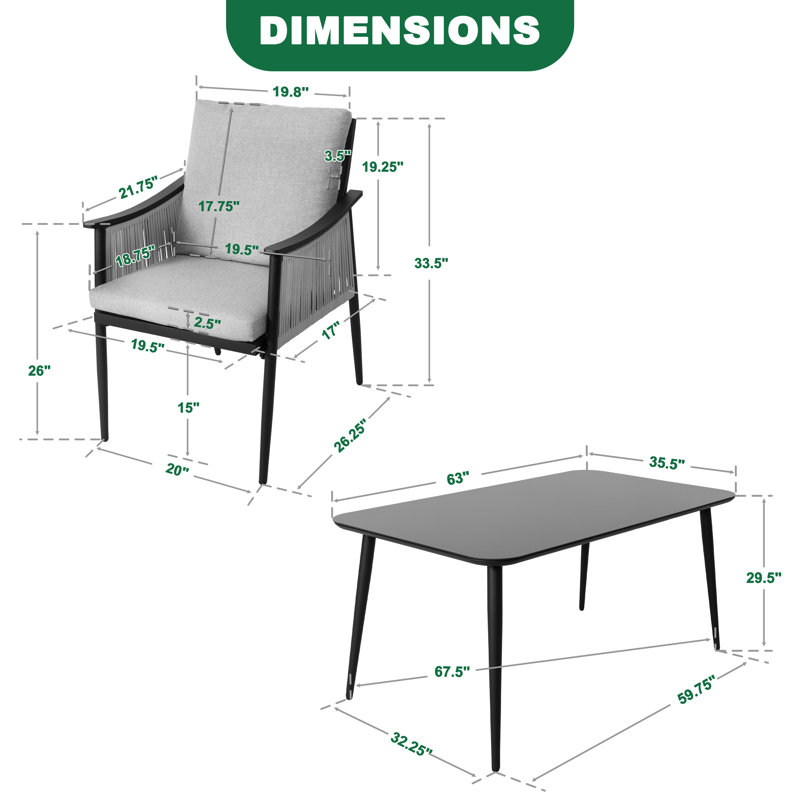 Patio Time 7-piece Outdoor Dining Set, 6 Dining Chairs With Handwoven PVC-coated polyester Ropes And 1 Dining Table With Tempered Glass Tabletop, Arc Armrests And Backrest, Soft Cushions With Zippers, For Garden Lawn Yard, Black And Gray