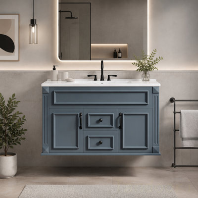 Wall Mounted Bathroom Cabinet with Ceramic Sink and Drawers, French Simple Style Vanity with Soft Closing Hinges