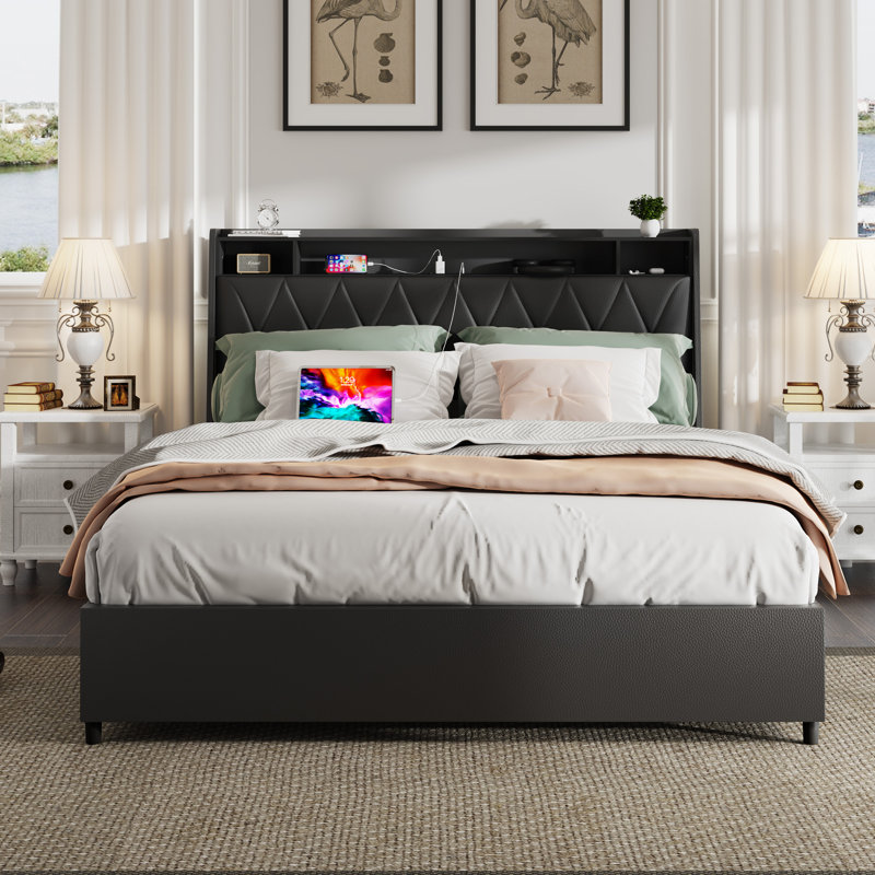 Base de lit double, tête de lit ergonomique, plateforme, prises, chargeur, tablette de rangement, Noir