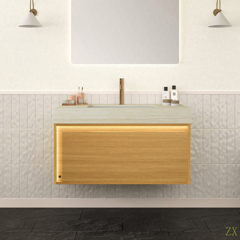 Meuble-lavabo et lavabo de salle de bain NYAH 36 po, armoire de rangement flottante en contreplaqué ultra-mince, tiroir, capteur de lumière, plateau en pierre frittée à motif de travertin et lavabo encastré en céramique, pré-assemblé